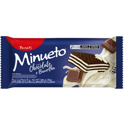BISCOITO WAFER CHOCOLATE E BAUNILHA MINUETO 81G