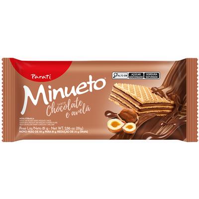 BISCOITO WAFER CHOCOLATE E AVELÃ MINUETO 81G