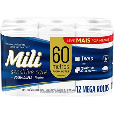 PAPEL HIGIÊNICO FOLHA DUPLA NEUTRO 60M MILI 12UN