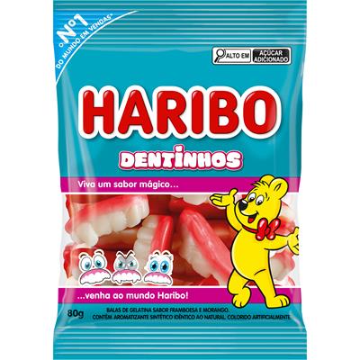 BALA FRAMBOESA MORANGO DENTINHOS HARIBO 80G