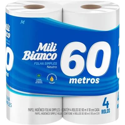 PAPEL HIGIÊNICO NEUTRO 60 METROS BIANCO MILI 4UN