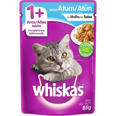 RAÇÃO PARA GATOS ADULTOS ATUM AO MOLHO WHISKAS 85G