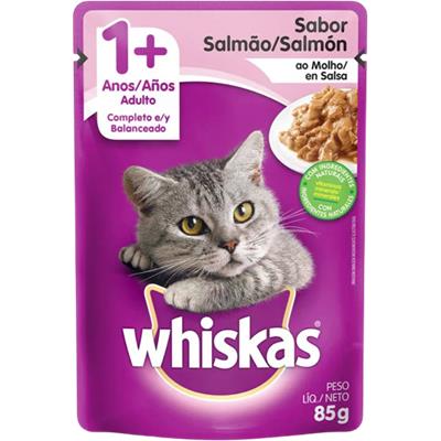 RAÇÃO ÚMIDA GATOS ADULTOS 1+ SALMÃO WHISKAS 85G