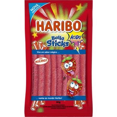 BALA SABOR MORANGO ÁCIDO BALLA STICKS HARIBO 80G