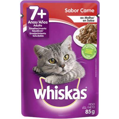 RAÇÃO ÚMIDA GATOS ADULTOS 7+ CARNE WHISKAS 85G