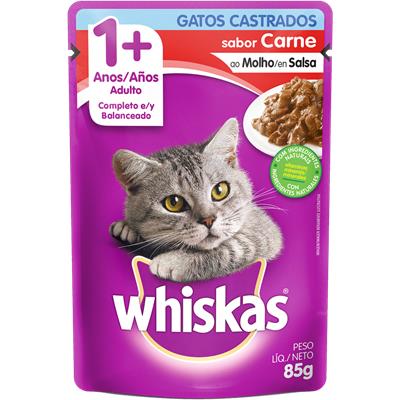 RAÇÃO GATOS CASTRADOS CARNE AO MOLHO WHISKAS 85G
