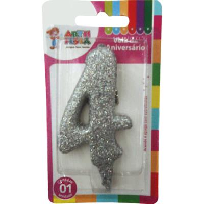 VELA PRATA COM GLITTER NÚMERO 4 ARTH FESTA 1UN