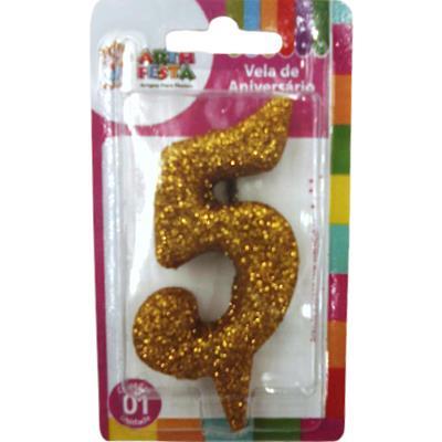 VELA DOURADA COM GLITTER NÚMERO 5 ARTH FESTA 1UN