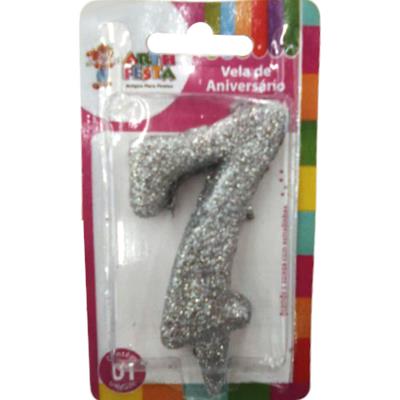 VELA PRATA COM GLITTER NÚMERO 7 ARTH FESTA 1UN