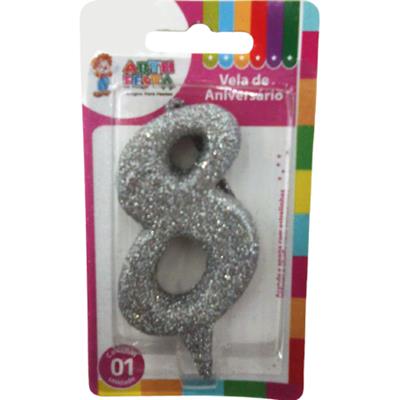 VELA PRATA COM GLITTER NÚMERO 8 ARTH FESTA 1UN