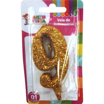 VELA DOURADA COM GLITTER NÚMERO 9 ARTH FESTA 1UN