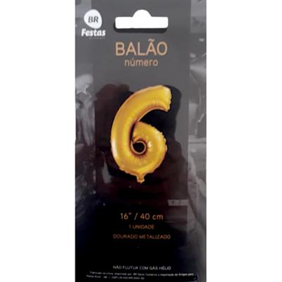 BALÃO DOURADO METALIZADO NÚMERO 6 BR FESTAS 1UN