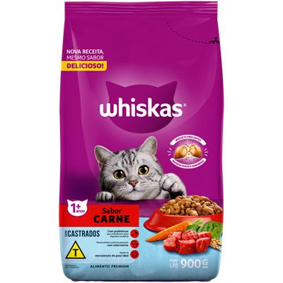 RAÇÃO GATOS CASTRADOS ADULTOS CARNE WHISKAS 900G